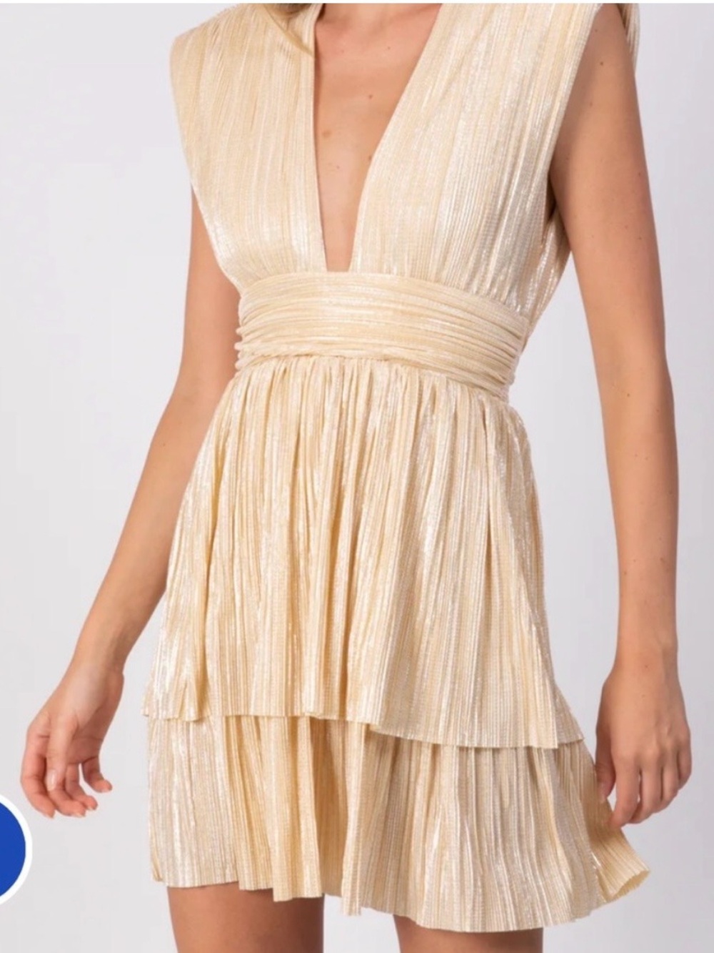 Sabina Musayev Metallic Gold Plunging V-Neck Pleated Mini Dress